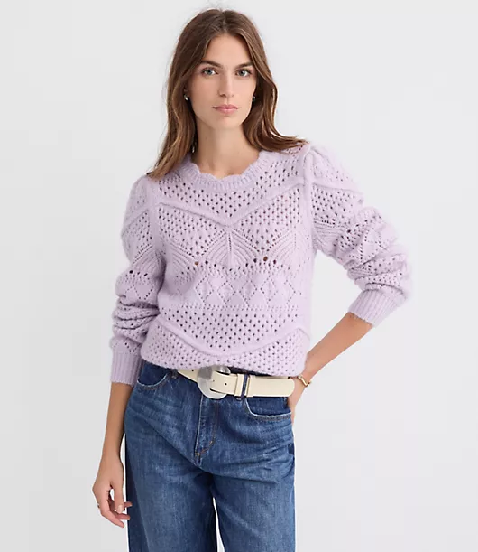 Scalloped Pointelle Puff Sleeve Sweater
