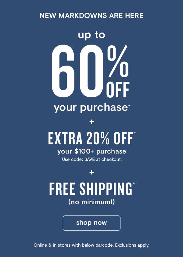 Up to 60% off + Extra 20% + FREE shipping