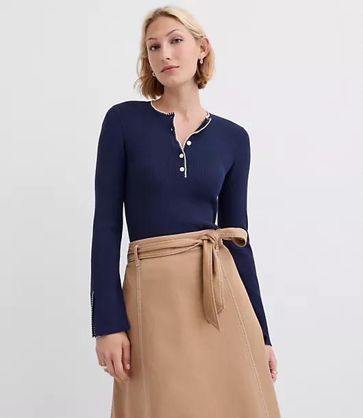 Contrast Stitched Split Cuff Henley Sweater