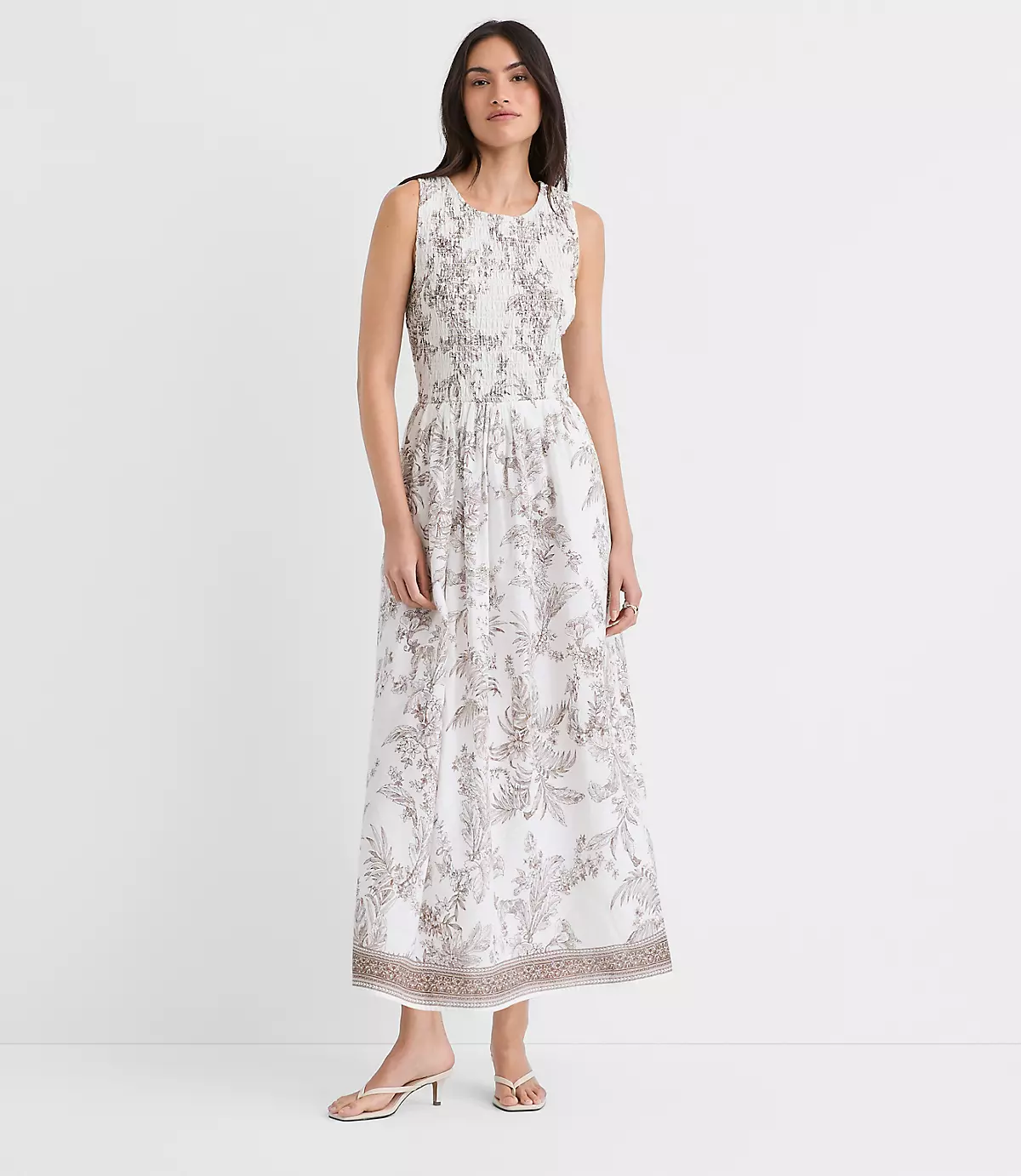 Floral Toile Smocked Midi Pocket Dress