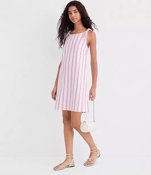 Striped Linen Cotton Tie Boatneck Mini Dress