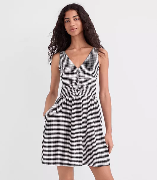 Gingham Ruched Mini Pocket Dress