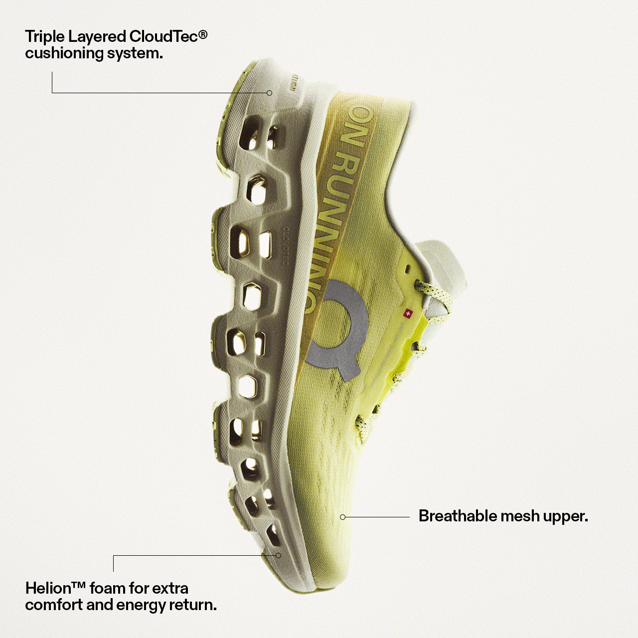 Triple Layered CloudTec® cushioning system. Helion™ foam for extra comfort and energy return. Breathable mesh upper.