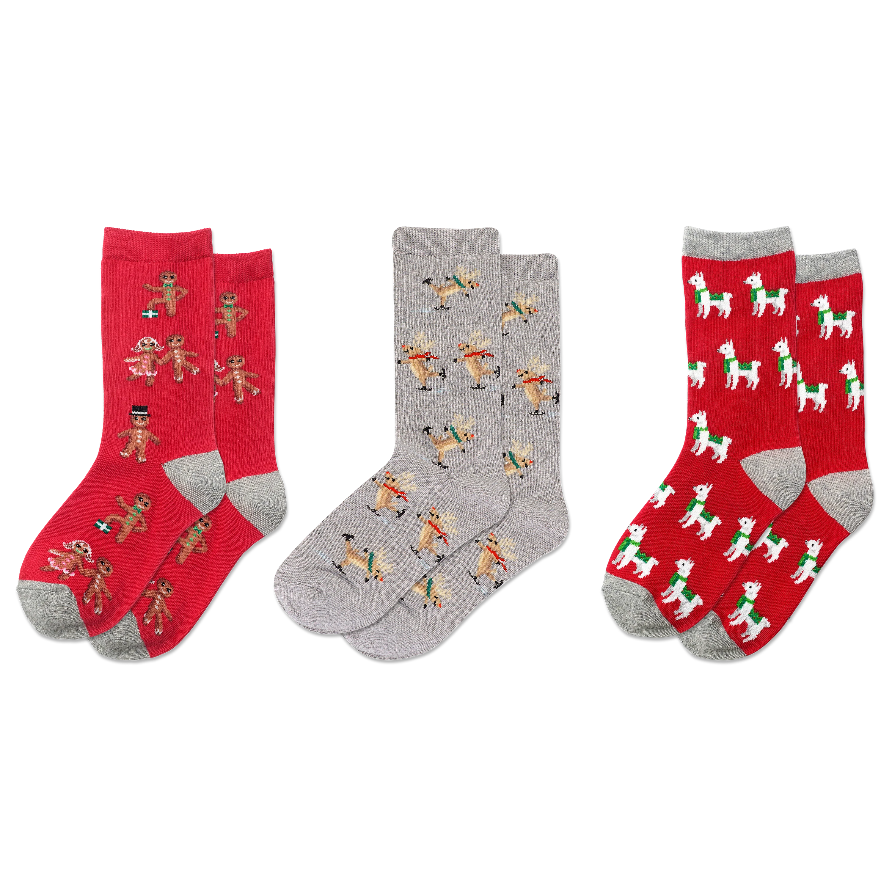 HOTSOX Kid's Holiday Gingerbread, Llamas, Ice Skating Reindeer Crew Socks 3 Pair Pack