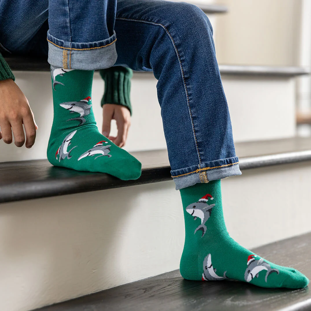 HOTSOX Kid's Shark with Santa Hat Crew Sock