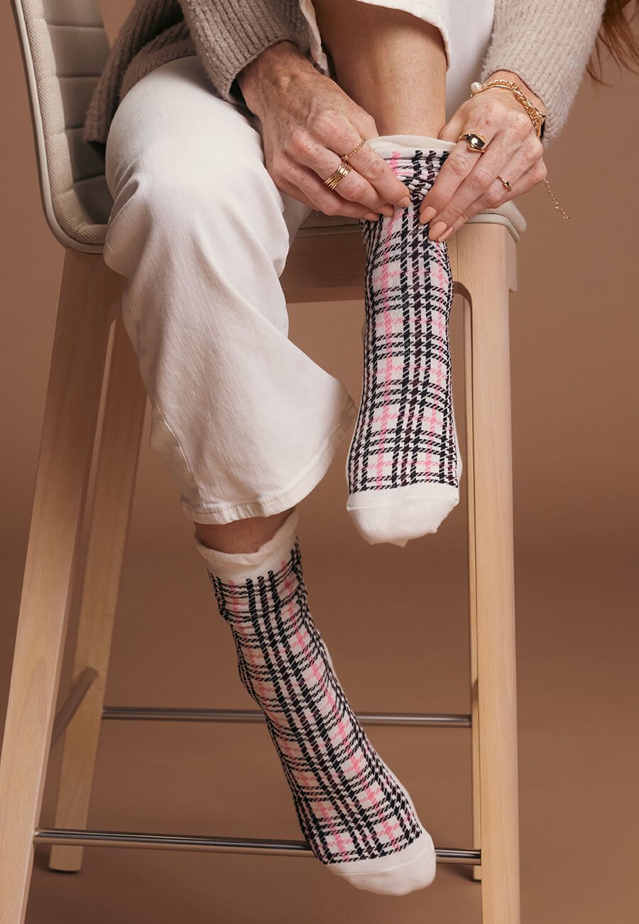 K.Bell Women's Modal Plaid Crew Socks with Ruffled Edge in Ivory