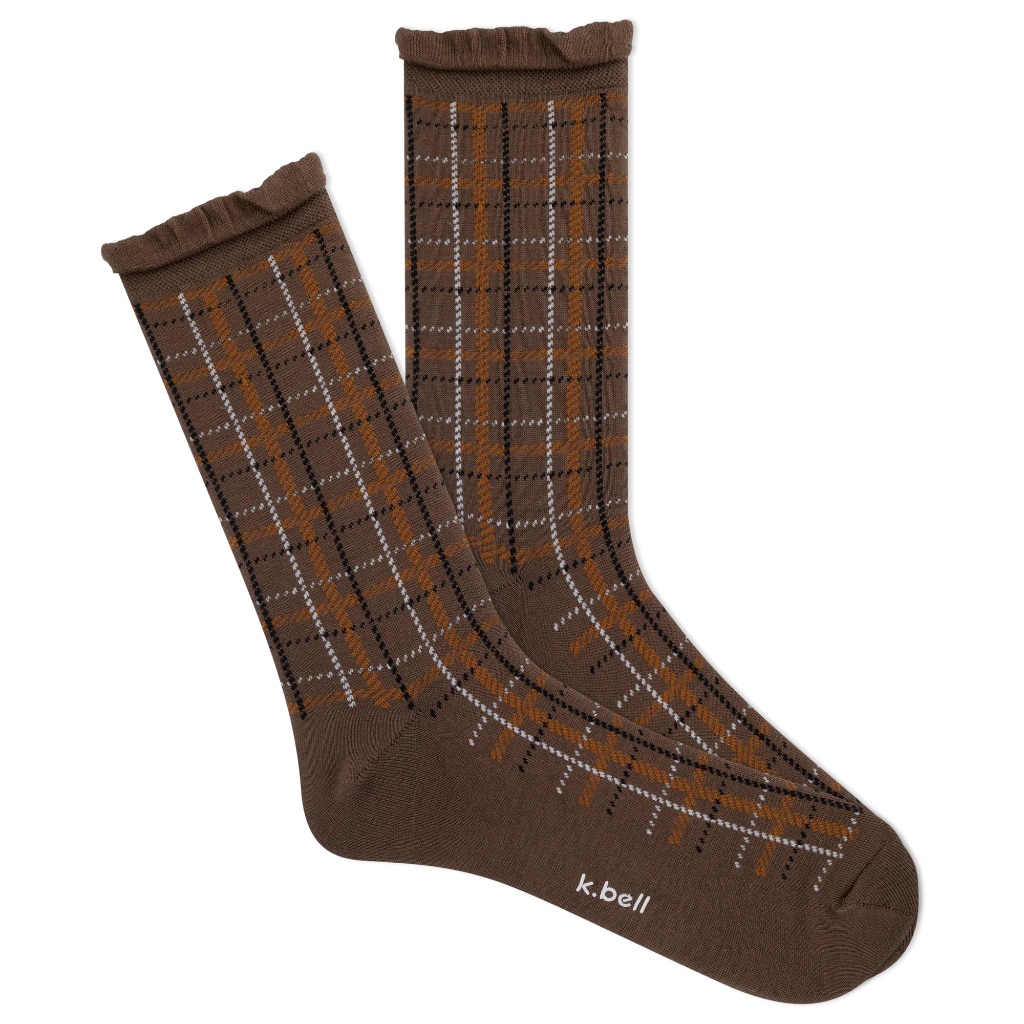 K.Bell Women's Modal Plaid Crew Socks with Ruffled Edge - Brown / Women's 4-10