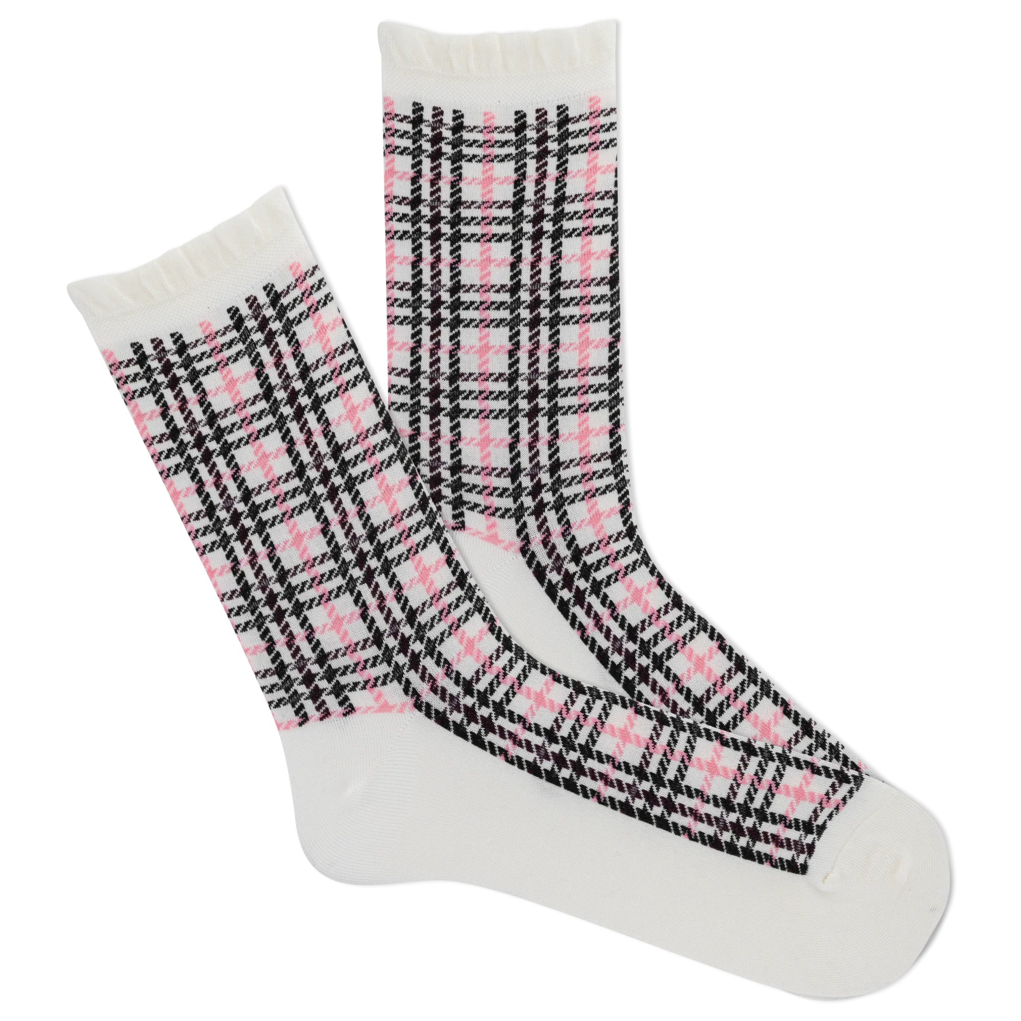K.Bell Women's Modal Plaid Crew Socks with Ruffled Edge - Ivory / Women's 4-10
