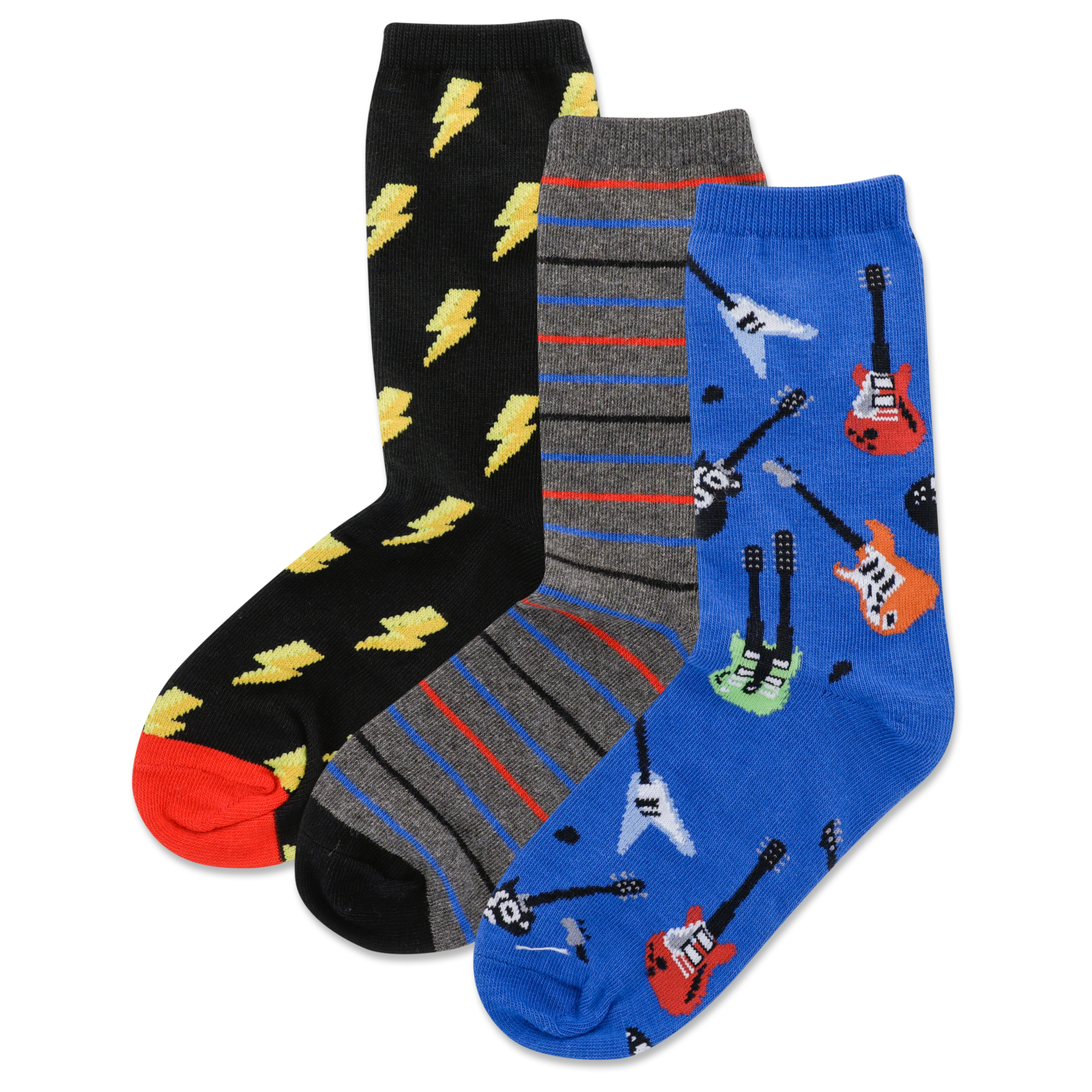 Image of HOTSOX Kid's Electric Guitars, Lightning Bolt, Stripe 3 Pair Pack Crew Socks