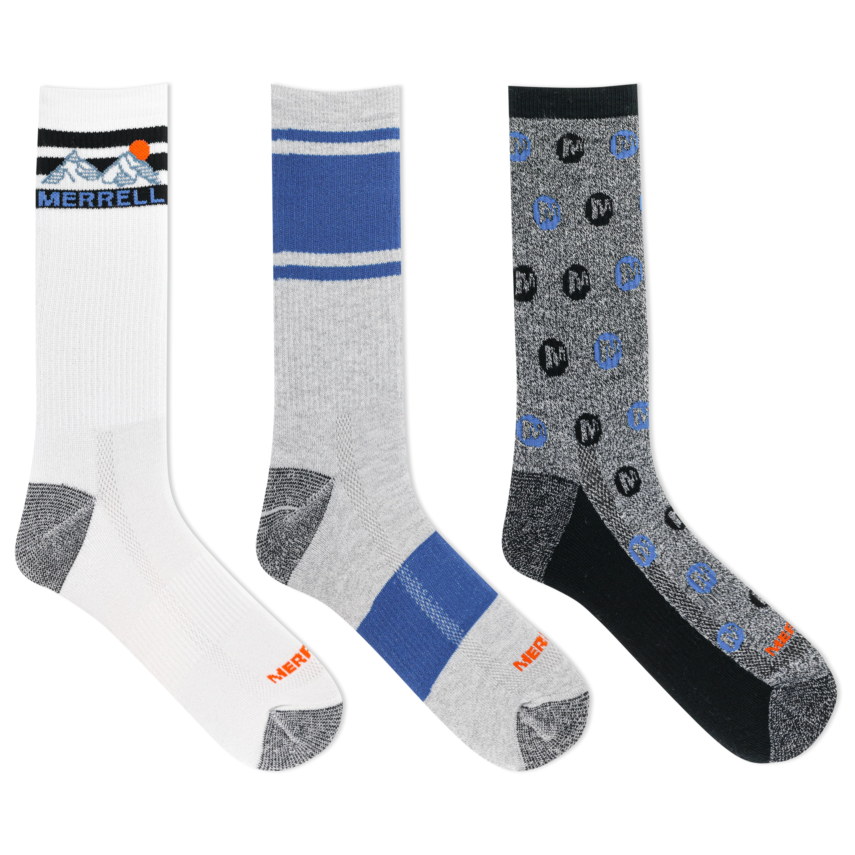 Image of Merrell Durable, Recycled Blend All Around Crew Socks 3 Pair Pack with Blister Protection and Fast Dry Moisture Wicking