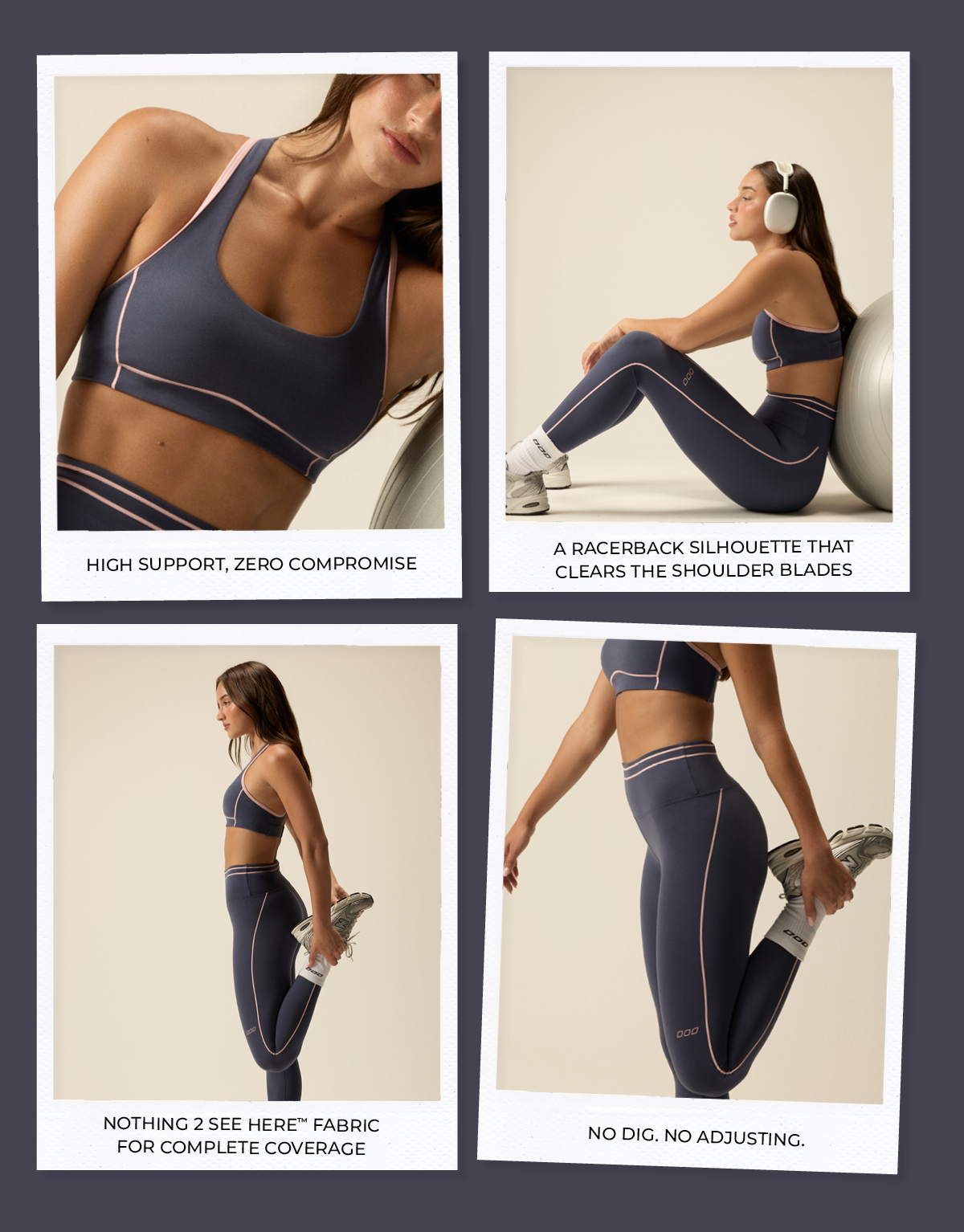 Four detail shots of navy Advantage Tech set showing racerback bra, high-waist leggings, and stretch fit.