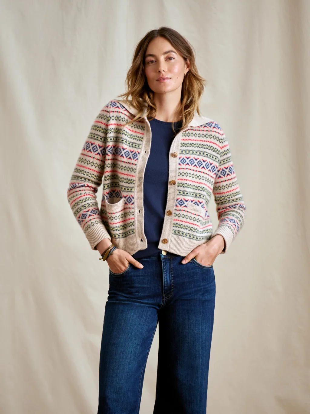 Women's Fair Isle Patterned Brushed Cashmere Cardigan