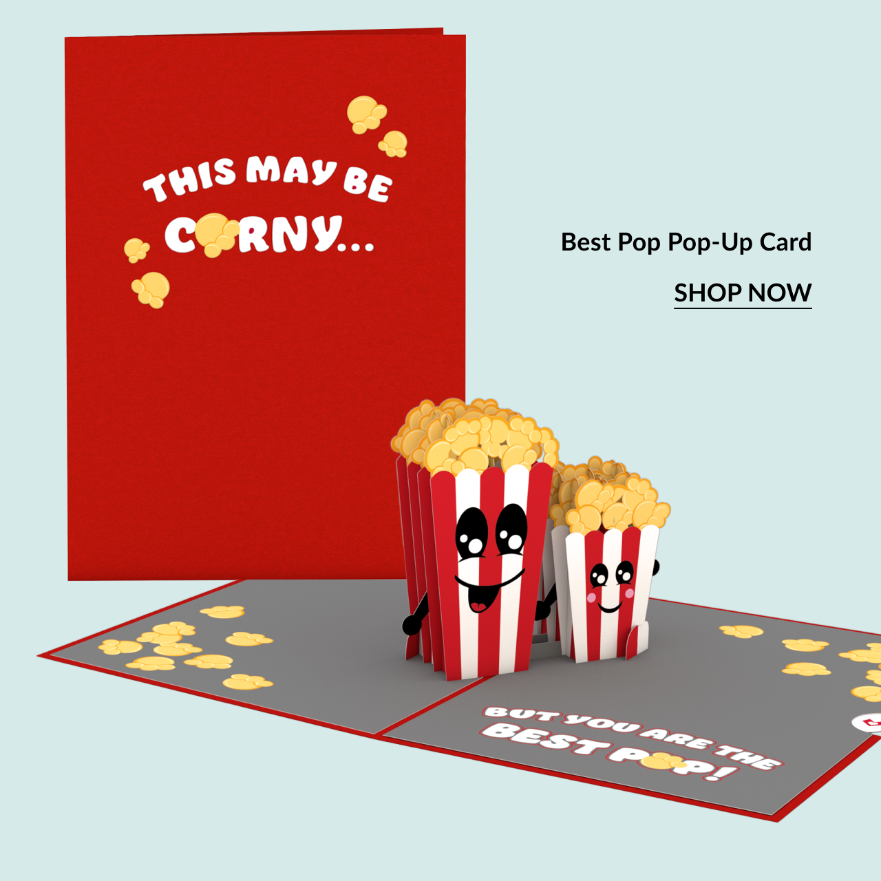 A corny pop-up card for Father's Day featuring popcorn.