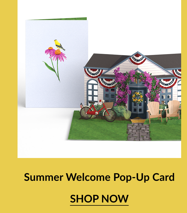 A pop-up card to welcome summer featuring a 3d house and a summer landscape.