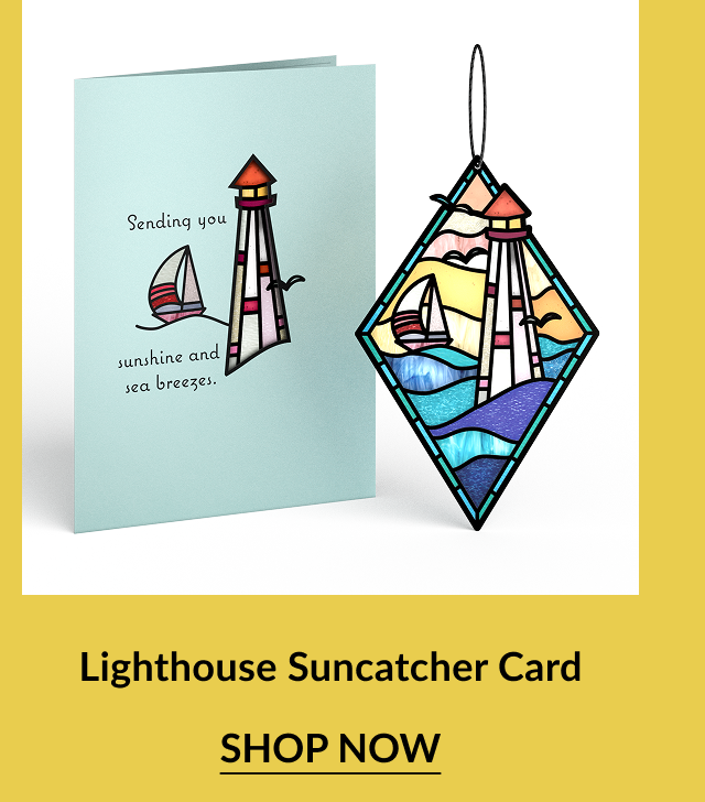 A suncatcher card featuring a lighthouse suncatcher.