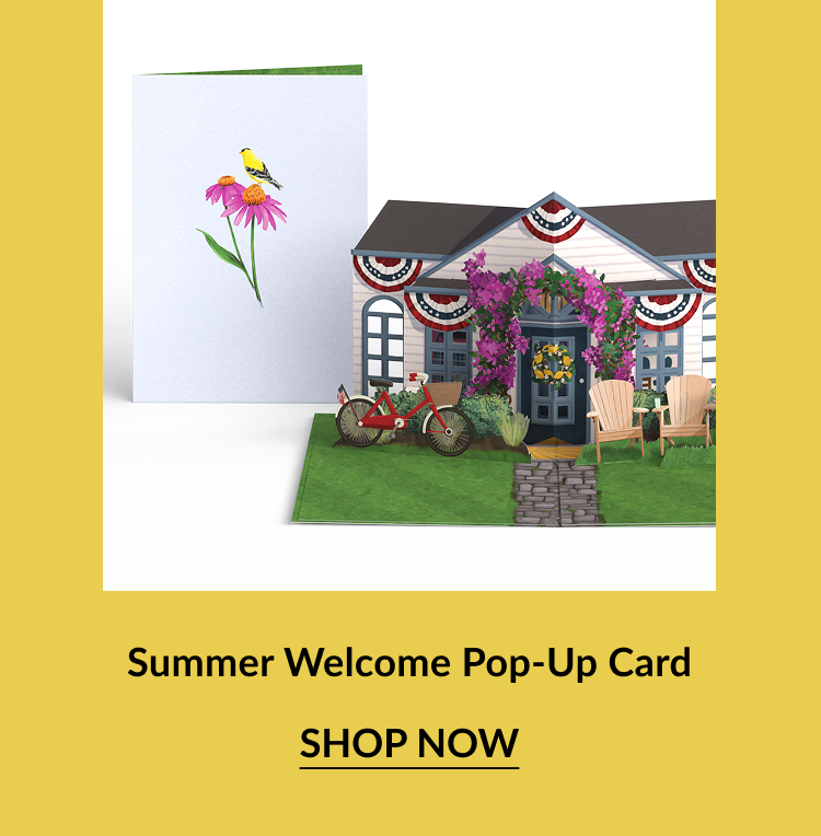 A pop-up card to welcome summer featuring a 3d house and a summer landscape.