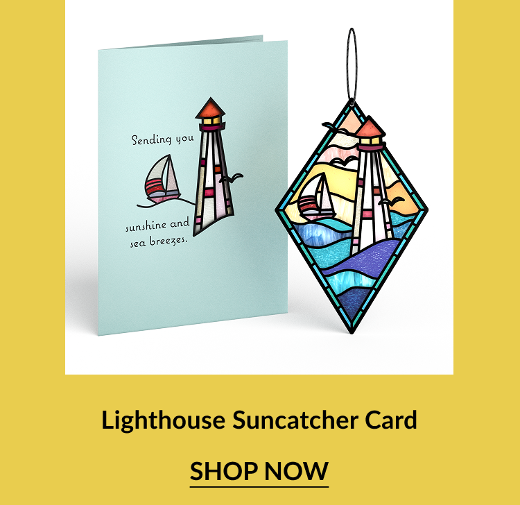 A suncatcher card featuring a lighthouse suncatcher.