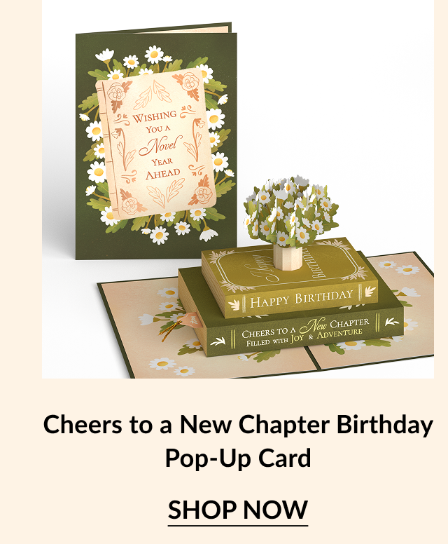 A birthday pop-up card featuring 3d books with text that reads ''Cheers to a new chapter.''