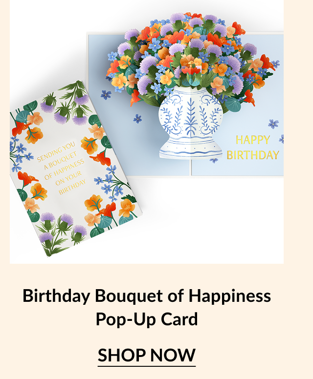 A birthday pop-up card featuring a bouquet of flowers.
