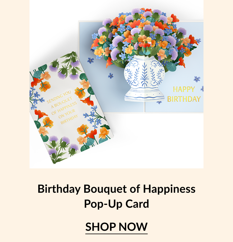 A birthday pop-up card featuring a bouquet of flowers.