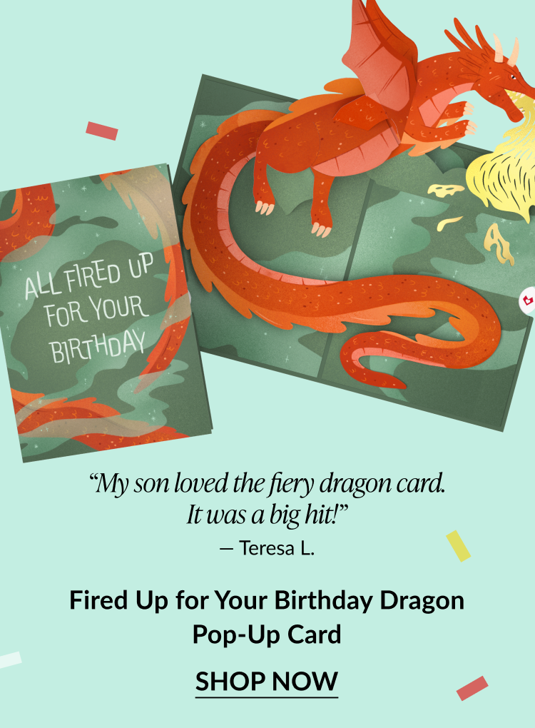 A birthday pop-up card featuring a 3D dragon.