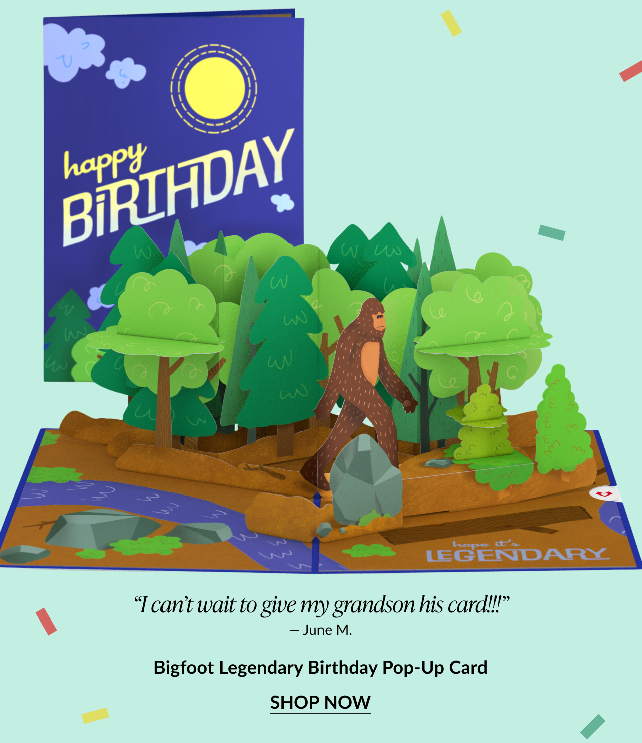 A birthday pop-up card featuring bigfoot.
