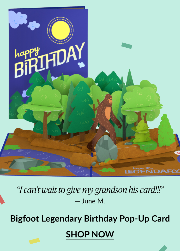 A birthday pop-up card featuring bigfoot.