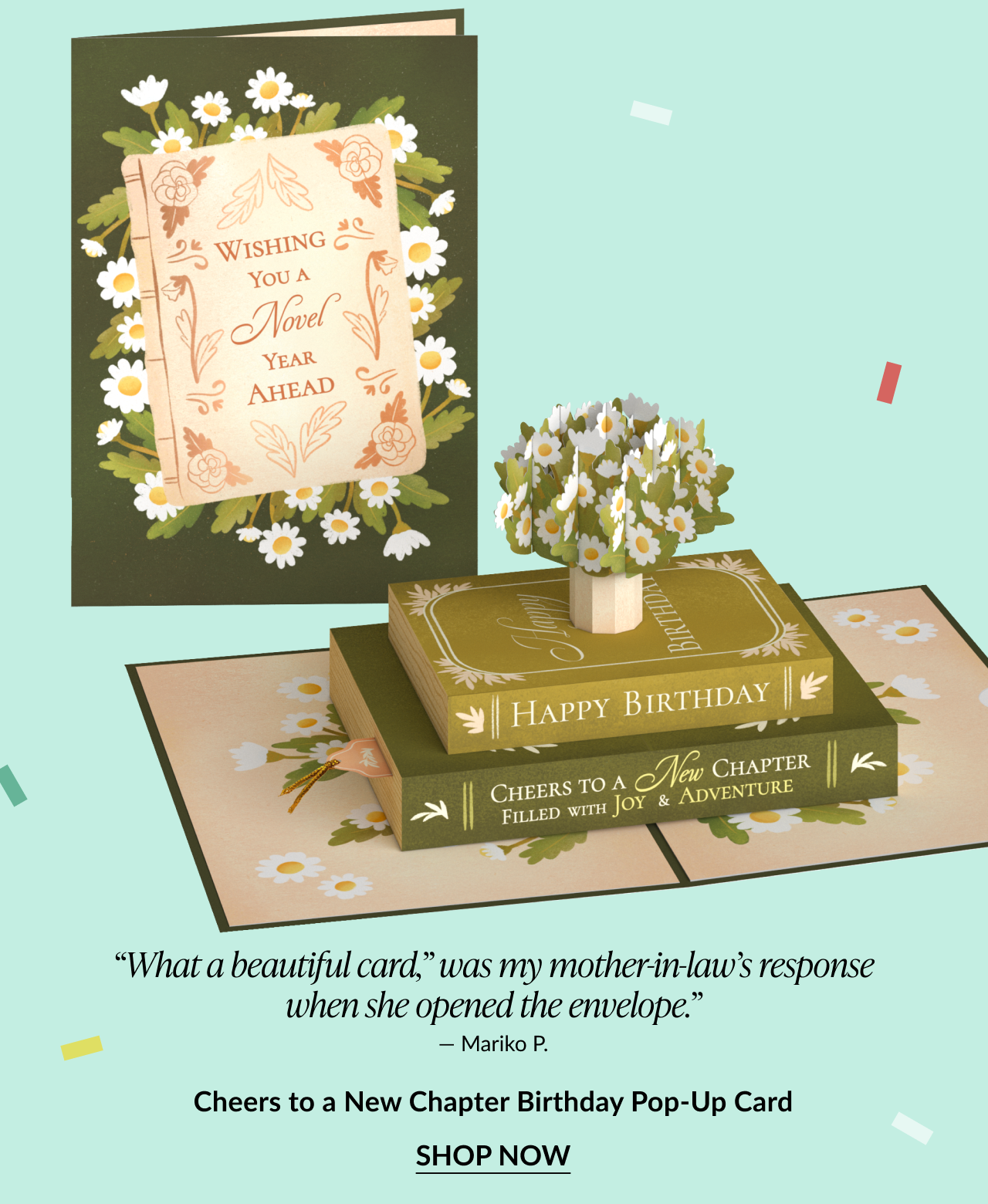 A birthday pop-up card featuring books and text that reads ''cheers to a new chapter.''