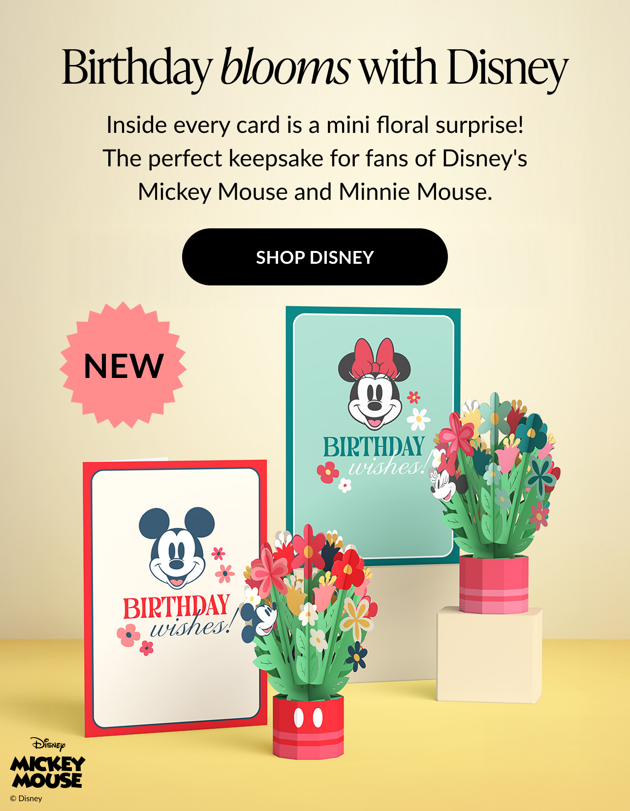 A banner featuring pop-up cards and more from Disney to celebrate birthdays.