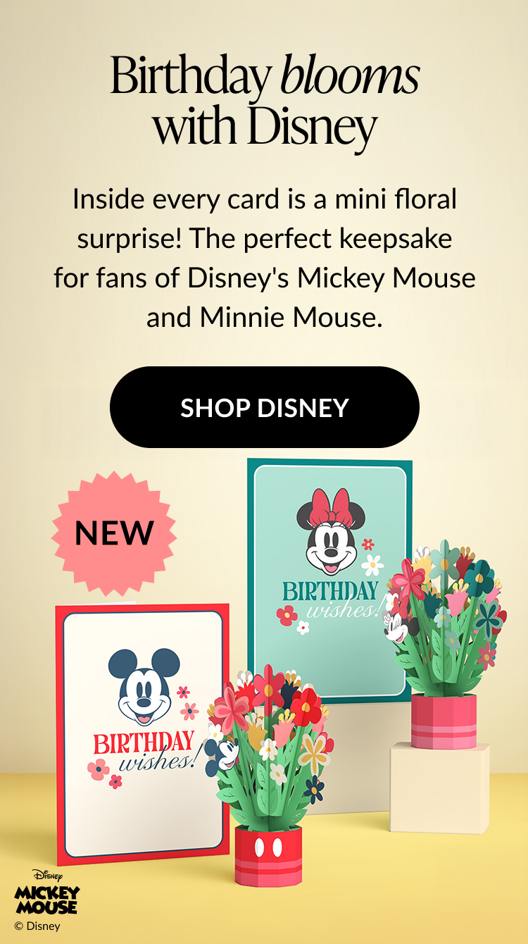 A banner featuring pop-up cards and more from Disney to celebrate birthdays.