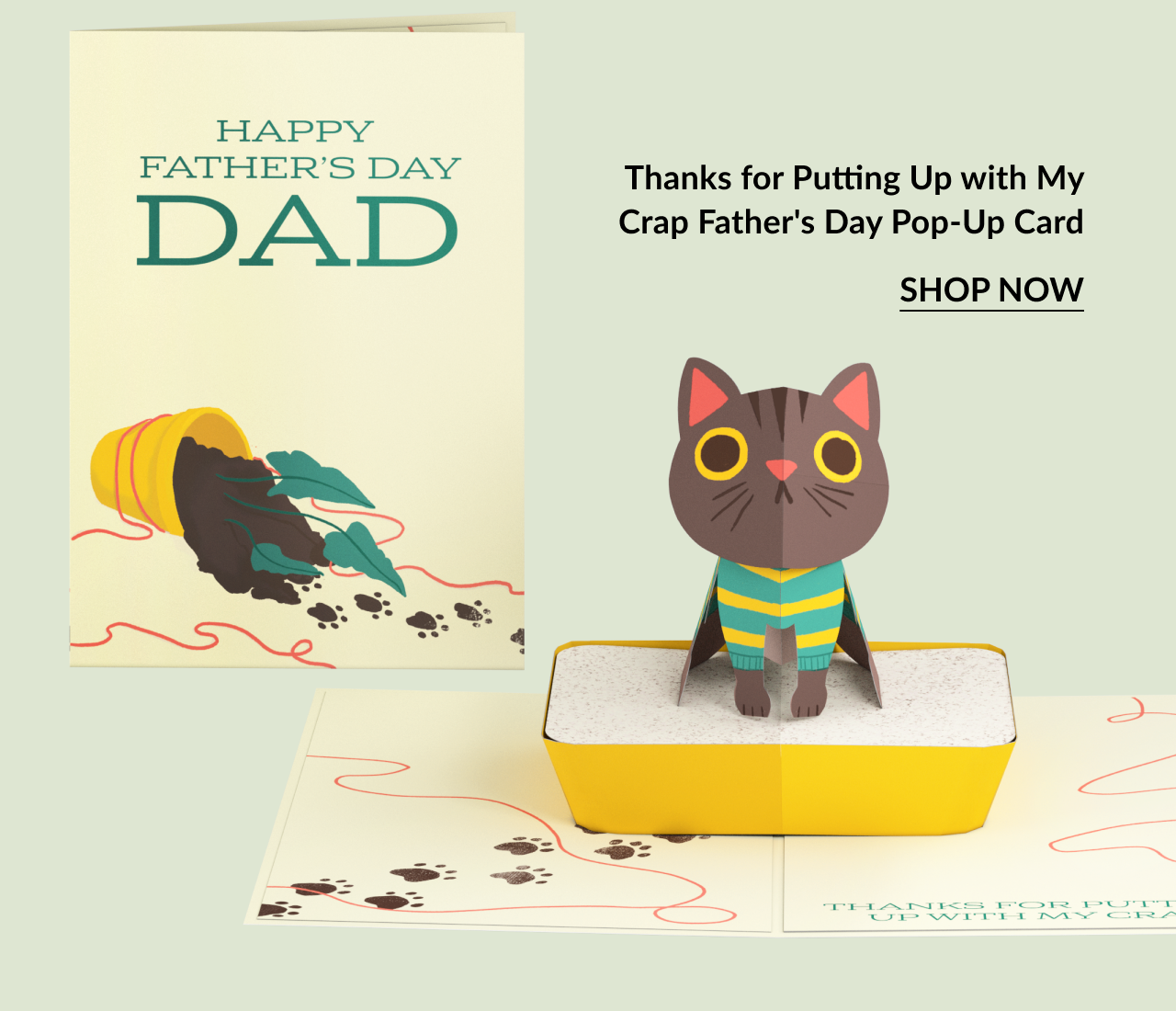 A pop-up card for dad featuring a cat in a litter box.