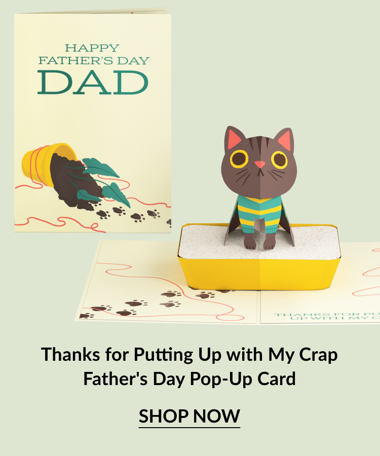 A pop-up card for dad featuring a cat in a litter box.