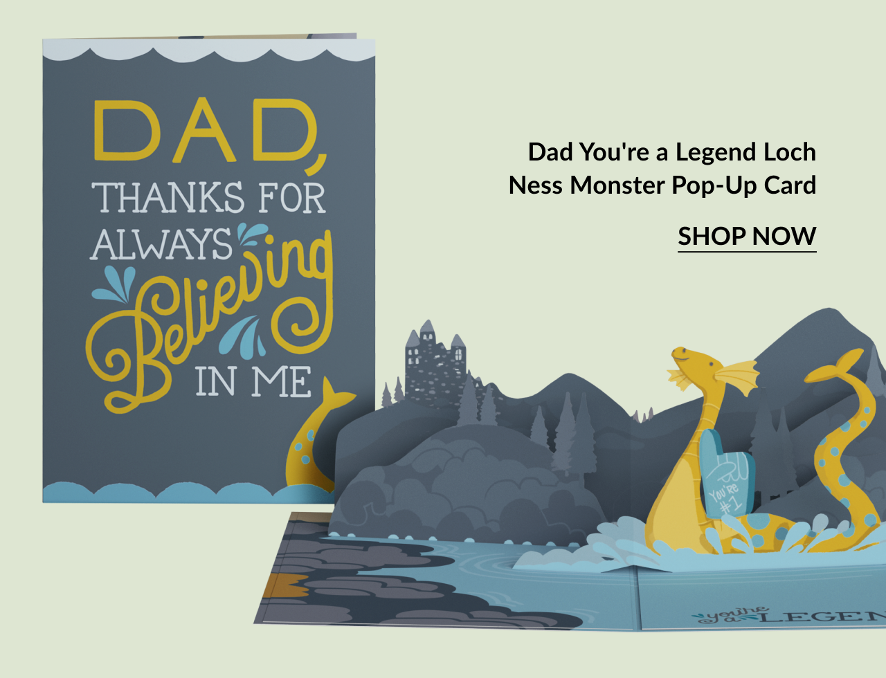 A legendary pop-up card for dad featuring a loch ness monster.
