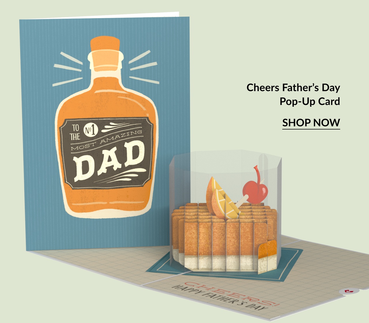 A pop-up card for dad with text that reads ''cheers! happy father's day.''