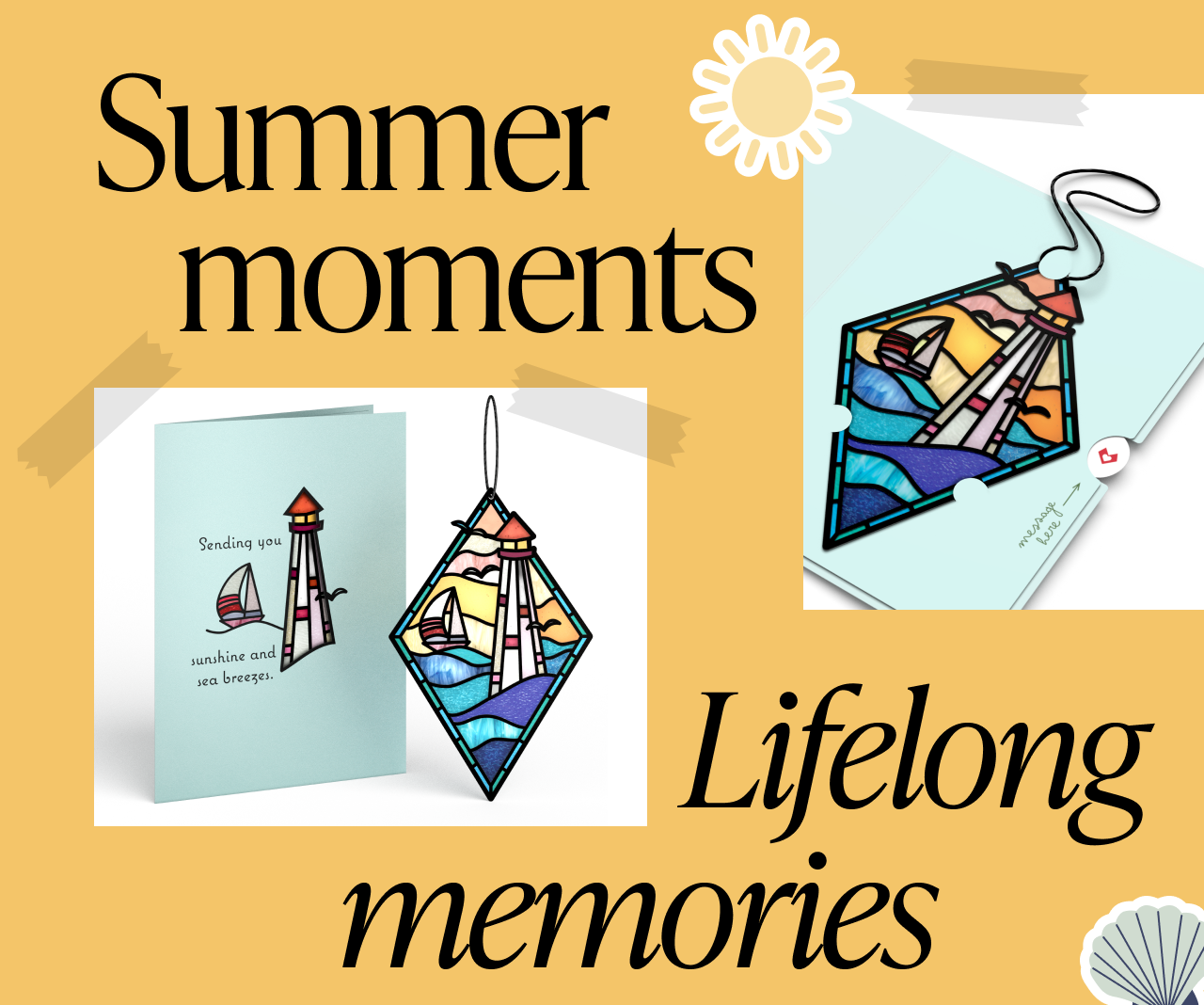 Greeting card and matching stained glass-style lighthouse ornament with ocean waves, sailboat, and sunset. Text reads Summer moments, Lifelong memories on a warm golden background with a hand-drawn sun icon.