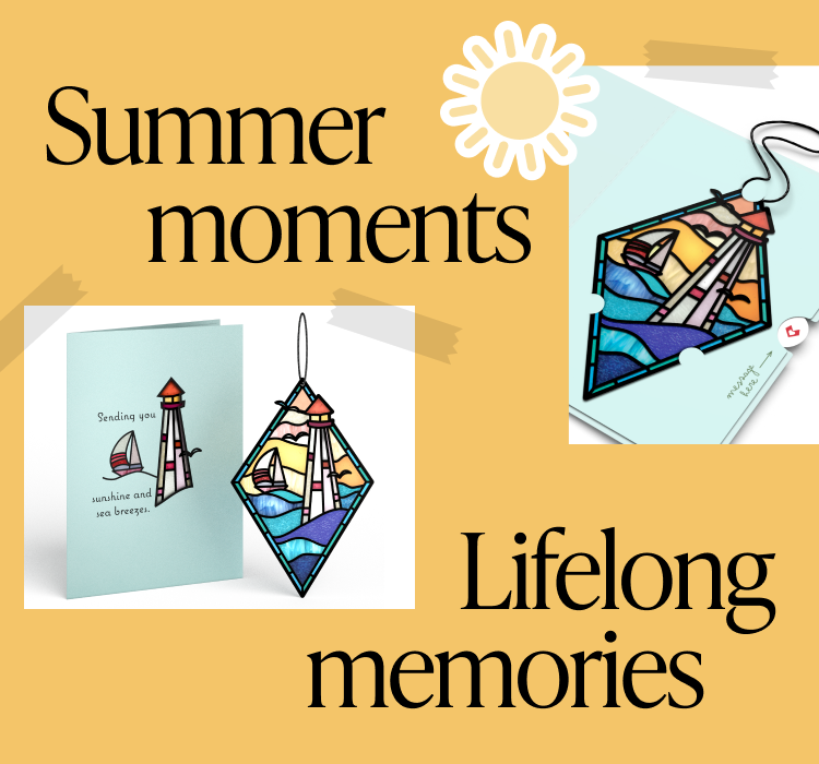 Greeting card and matching stained glass-style lighthouse ornament with ocean waves, sailboat, and sunset. Text reads Summer moments, Lifelong memories on a warm golden background with a hand-drawn sun icon.