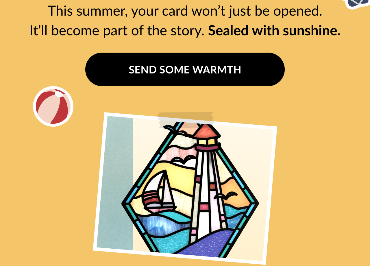 Close-up of stained glass-style lighthouse ornament featuring a sailboat, sun, and waves. Text above reads Sealed with sunshine. Black call-to-action button says Send Some Warmth with a small seashell graphic nearby.