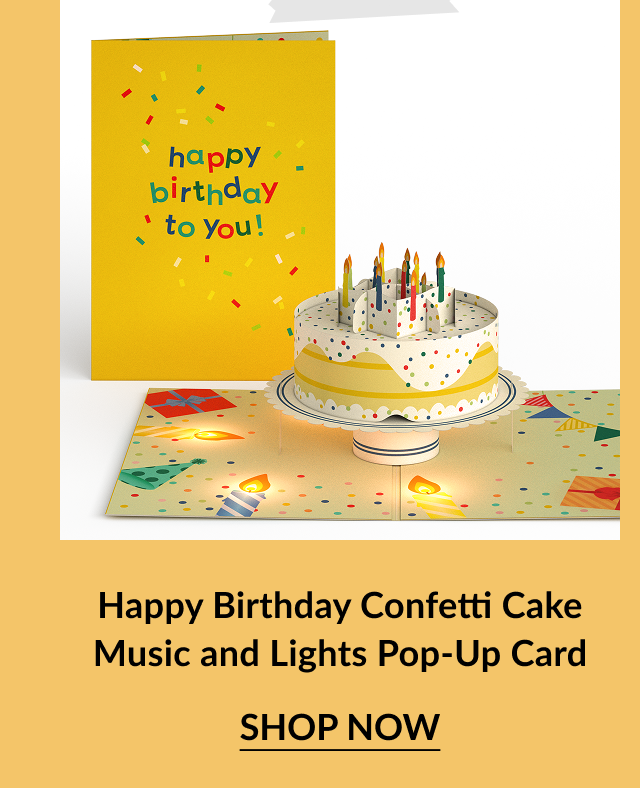 Yellow pop-up birthday card with a colorful cake and lit candles. The interior lights up and plays music. Confetti and party elements decorate the card. Call-to-action below reads Happy Birthday Confetti Cake Music and Lights Pop-Up Card – Shop Now.