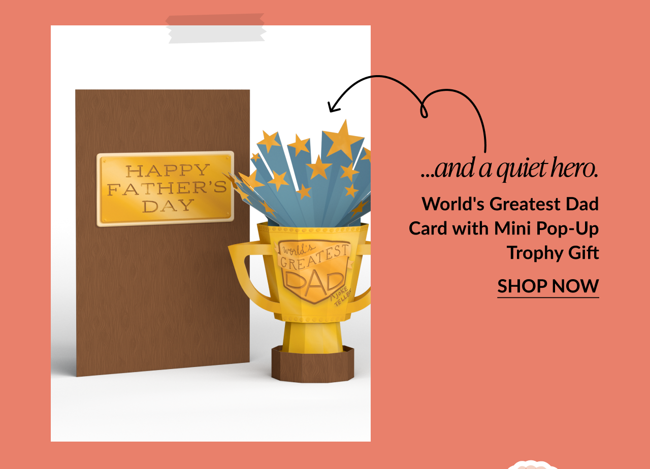 Mini pop-up trophy card with a woodgrain Father’s Day cover and a golden 3D trophy labeled World’s Greatest Dad. Subheading reads ...and a quiet hero. Product title is World's Greatest Dad Card with Mini Pop-Up Trophy Gift. Call-to-action reads Shop Now.