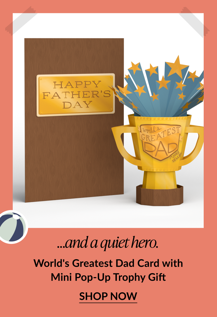 Mini pop-up trophy card with a woodgrain Father’s Day cover and a golden 3D trophy labeled World’s Greatest Dad. Subheading reads ...and a quiet hero. Product title is World's Greatest Dad Card with Mini Pop-Up Trophy Gift. Call-to-action reads Shop Now.