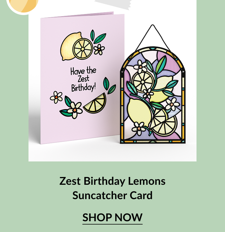Pink birthday card with lemons, limes, and blossoms and the message Have the Zest Birthday, next to a matching suncatcher with yellow lemons and green leaves in a stained glass style. Call-to-action below reads Zest Birthday Lemons Suncatcher Card – Shop Now.