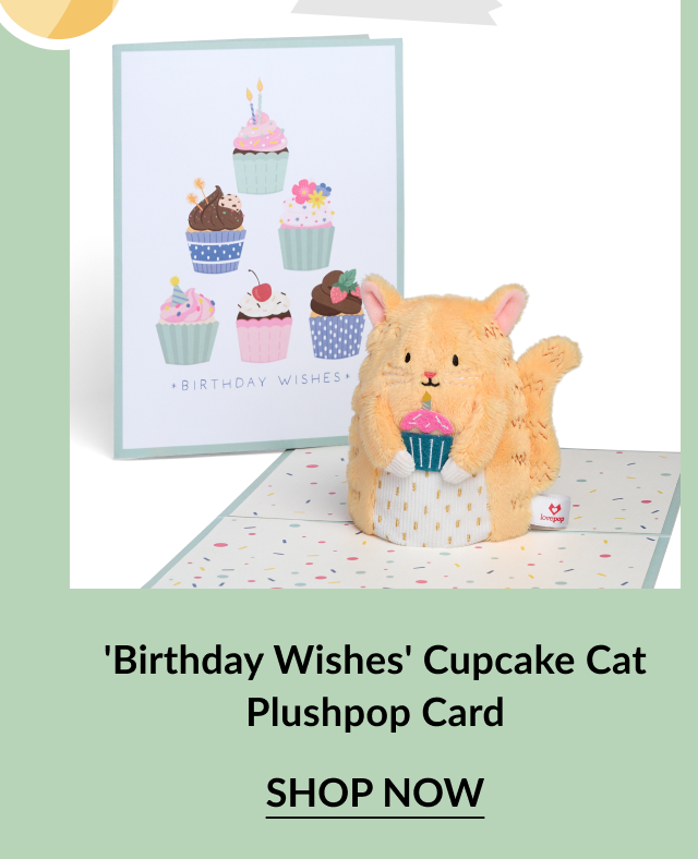 Light green birthday card with illustrated cupcakes and the message Birthday Wishes, paired with a plush orange cat holding a cupcake. Call-to-action below reads 'Birthday Wishes' Cupcake Cat Plushpop Card – Shop Now.
