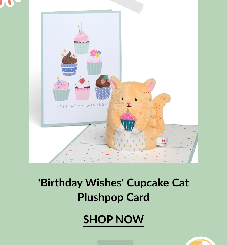 Light green birthday card with illustrated cupcakes and the message Birthday Wishes, paired with a plush orange cat holding a cupcake. Call-to-action below reads 'Birthday Wishes' Cupcake Cat Plushpop Card – Shop Now.