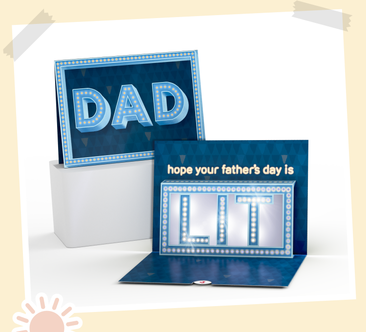 Father’s Day card with a light-up marquee theme. The cover displays the word DAD in glowing lights, and the inside message reads hope your father’s day is LIT with illuminated letters.
