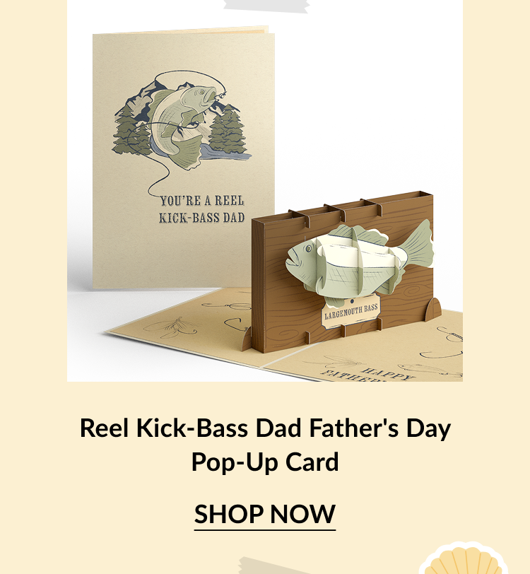 Father’s Day card with a fishing theme and the message You’re a Reel Kick-Bass Dad on the cover. Inside reveals a 3D largemouth bass on a wooden plaque. Call-to-action below reads Reel Kick-Bass Dad Father’s Day Pop-Up Card – Shop Now.
