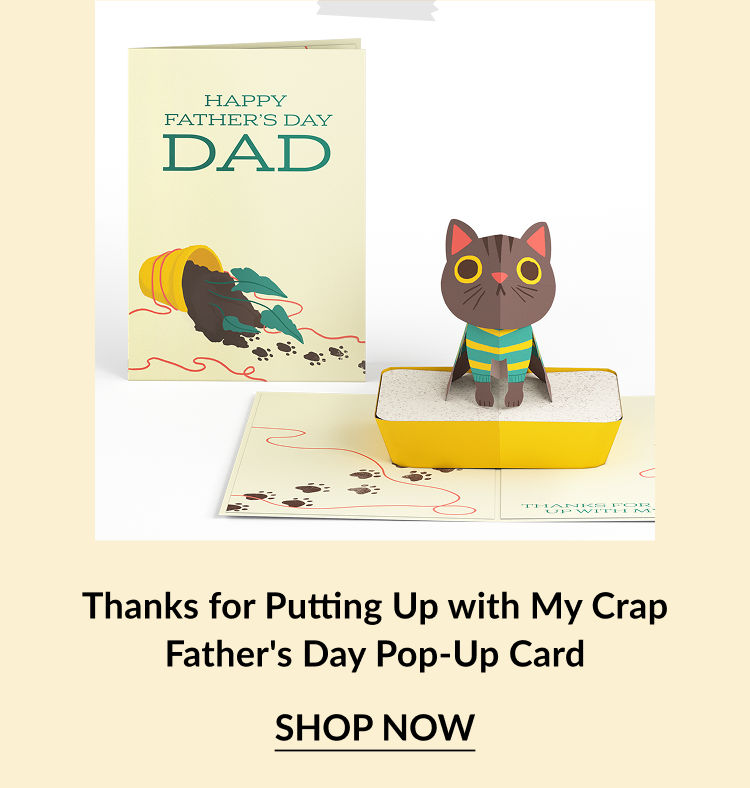 Humorous Father’s Day pop-up card featuring a cartoon cat with yellow eyes and a striped sweater. The cover reads Happy Father’s Day Dad with a tipped-over trash can. Call-to-action below reads Thanks for Putting Up with My Crap Father's Day Pop-Up Card – Shop Now.