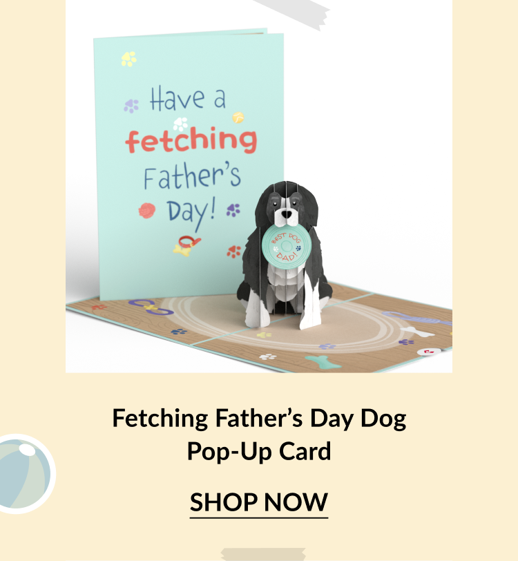 Pop-up card featuring a black and white dog holding a ''Best Dog Dad'' medal, with a light blue front cover that reads ''Have a fetching Father’s Day!''
