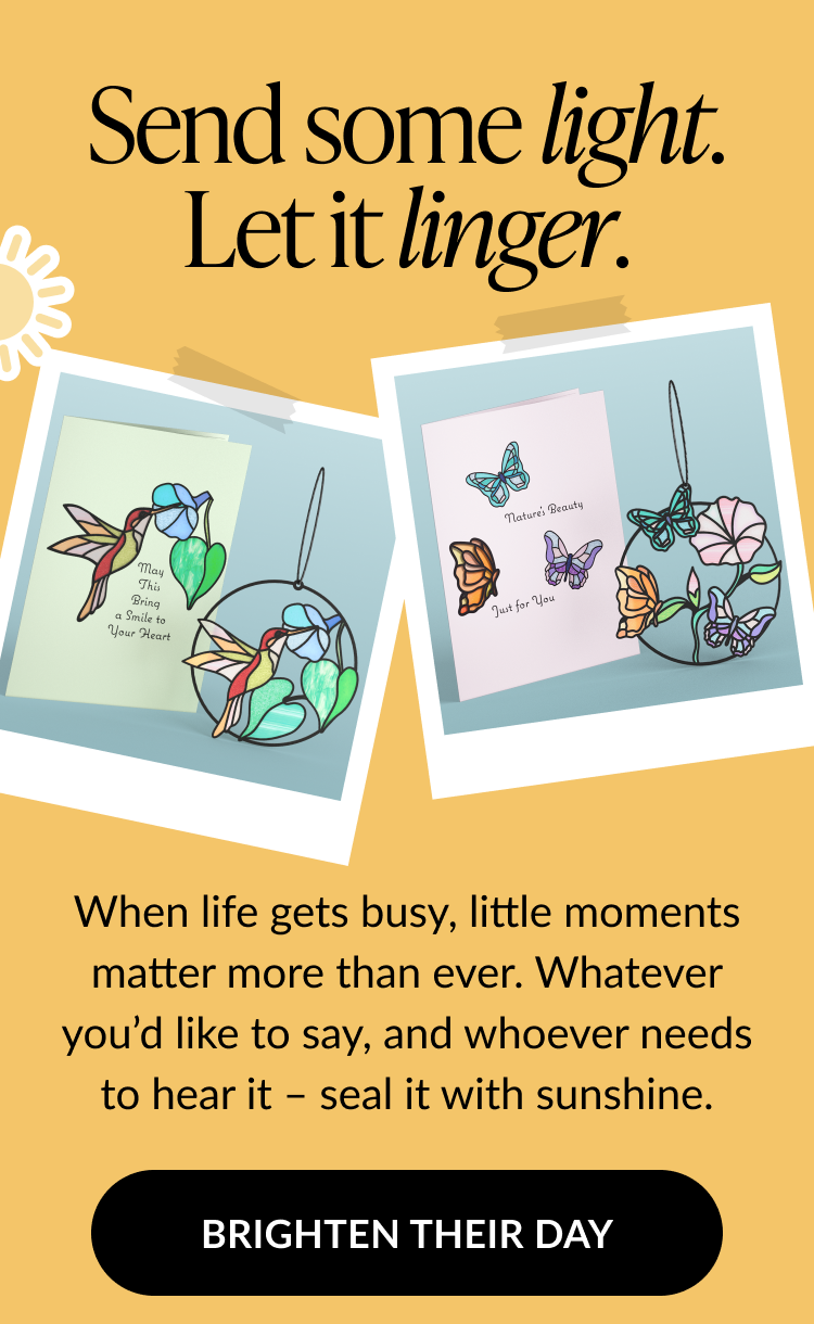 Two illustrated cards with butterfly-themed suncatchers. Text above reads: 'Send some light. Let it linger.' Below, text says: 'When life gets busy, little moments matter more than ever. Whatever you'd like to say, and whoever needs to hear it – seal it with sunshine.' Button reads 'Brighten Their Day.'