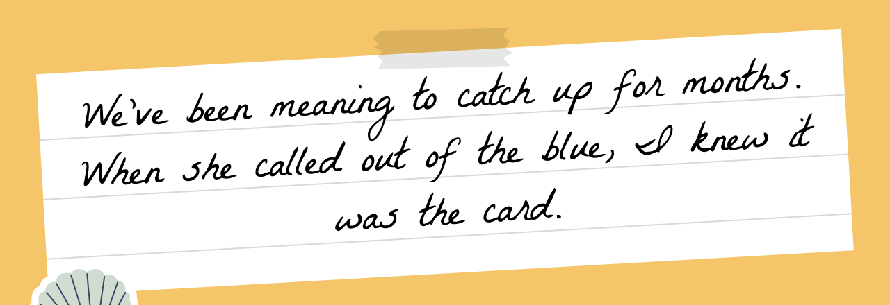 Handwritten note on lined paper with a beach ball sticker, reading: 'We’ve been meaning to catch up for months. When she called out of the blue, I knew it was the card.