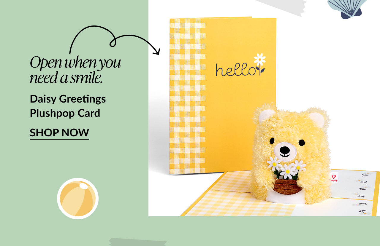 Plush yellow bear card with daisies and a yellow gingham ''hello'' cover.